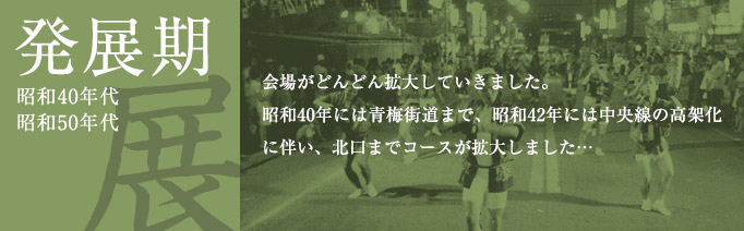 発展期（昭和40年代、昭和50年代）：会場がどんどん拡大していきました。昭和40年には青梅街道まで、昭和42年には中央線の高架化に伴い、北口までコースが拡大しました…