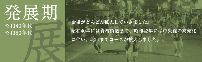 発展期（昭和40年代、昭和50年代）：会場がどんどん拡大していきました。昭和40年には青梅街道まで、昭和42年には中央線の高架化に伴い、北口までコースが拡大しました。